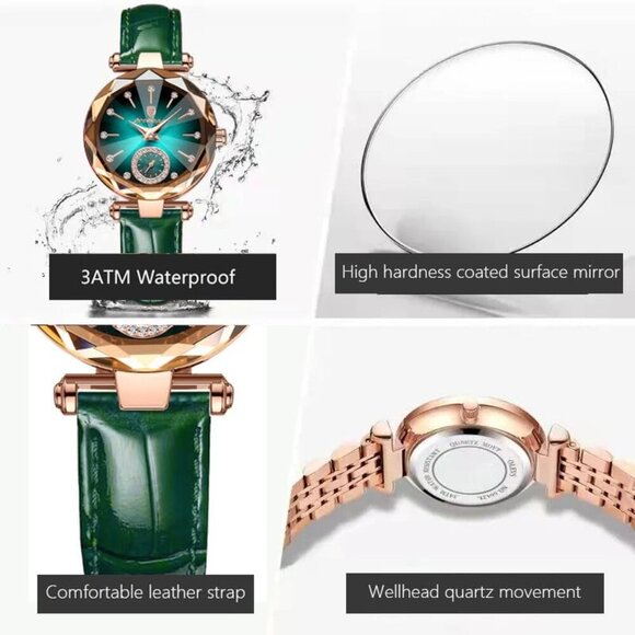 Chic Quartz Ladies Watch in Green Leather - Diamond Inlay & 30M Water Resistance - Picture 5 of 8